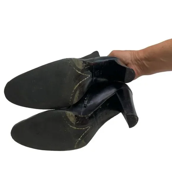 Black Leather Heeled Ankle Boots, Pointed Toe, Block Heel, Chic Classic Style - Picture 11 of 12